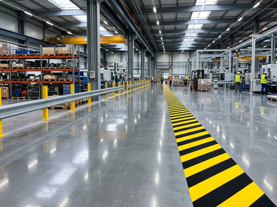 Señalización de seguridad sobre piso industrial
